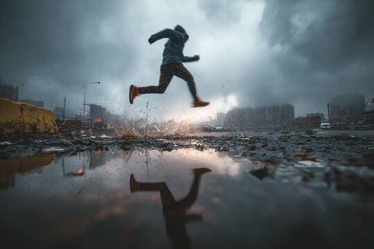 runner mid-air over puddle in stormy weather