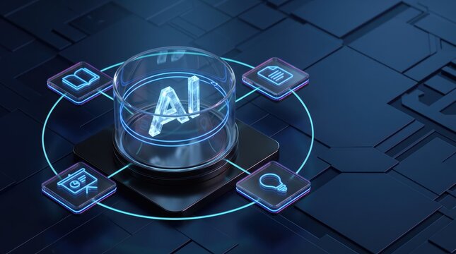 AI Core Concept: A central AI processor unit pulses with bright blue light, surrounded by glowing nodes representing data, code, and intelligent processes.