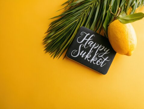 Happy sukkot chalkboard sign with palm leaf decoration