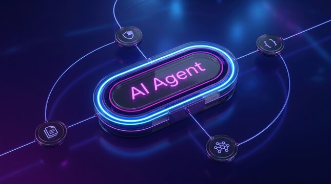 AI Agent Interface: A futuristic digital interface showcases an AI Agent at its core, surrounded by interconnected icons representing data, security, and communication.
