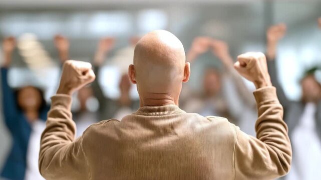 Successful bald man with raised arms celebrating victory with his team in office setting. The concept of motivation, leadership and achieving common goals