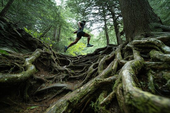 trail runner leaping over tree roots