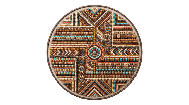 Tribal geometric mandala art, ethnic circular pattern with turquoise and brown beads, traditional native ornament on white background