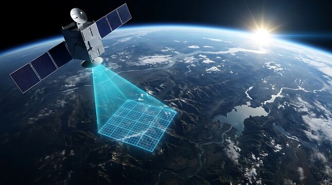 Advanced telemetry satellite tracking geographic terrain with bright blue matrix beam projector while moving across space orbit over sunrise illuminated planet.