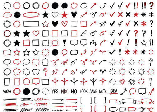 Large collection of hand drawn sketch frames and annotation symbols