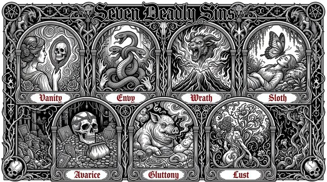 Intricate Gothic Engraving of the Seven Deadly Sins Featuring Vanity Envy Wrath Sloth Avarice Gluttony and Lust