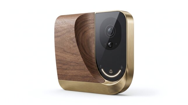 luxury smart video doorbell with wood and gold finish isolated on white - ai generated