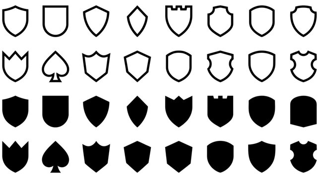 A diverse collection of shield shapes and designs ranging from classic heraldic forms to modern minimalist interpretations showcasing protection