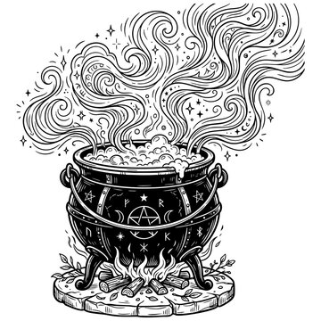 Witches cauldron boiling over fire pit with magical smoke vector illustration cauldron illustration mystical halloween silhouette