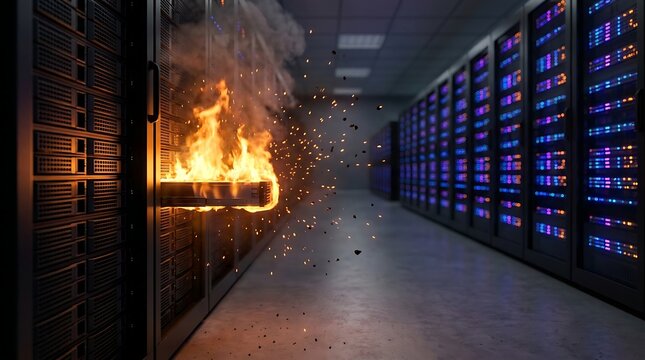Server rack catching fire with bright flames and flying sparks inside modern data center room representing critical hardware failure and emergency disaster risk.