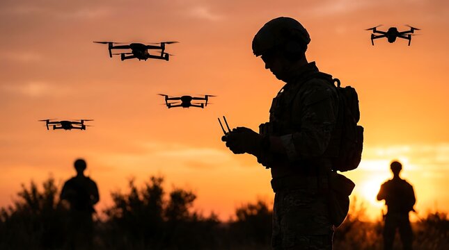 Armed soldier holding antenna remote controller while flying surveillance drone fleet during sunset tactical warfare operation in rugged outdoor desert landscape.