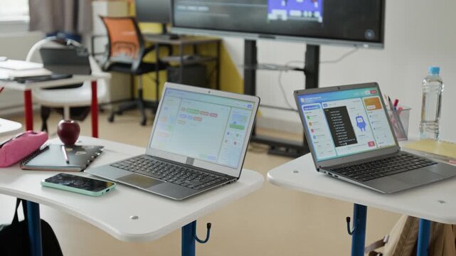 Laptops displaying educational coding software sitting on desks in empty classroom. Clip is perfect for marketing STEM education, digital literacy programs, and modern school technology