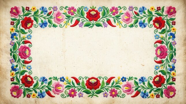 Traditional Hungarian Kalocsa Embroidery Floral Frame with Paprika on Vintage Background for Greeting Cards and Invitations