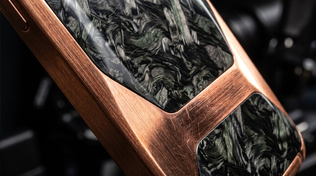 Extreme macro close-up of a premium luxury object featuring a brushed copper metal frame and marbled forged carbon fiber panels