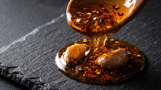 Macro shot of spicy hot honey with chili flakes and roasted garlic cloves pouring from a wooden spoon onto a dark slate board