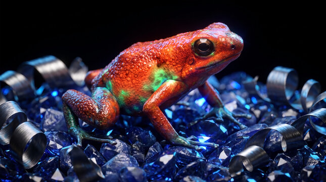 Macro photography of a vibrant red and green poison dart frog resting on blue crystals and metallic shavings against a black background