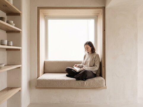 A young woman sits cross-legged on a cozy wooden window nook reading a book in a serene, minimalist beige room