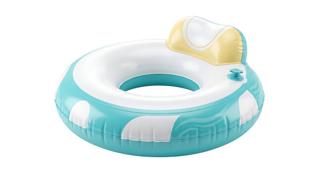 Inflatable pool float with headrest, turquoise and white swimming ring for summer vacation, blow up water lounge chair