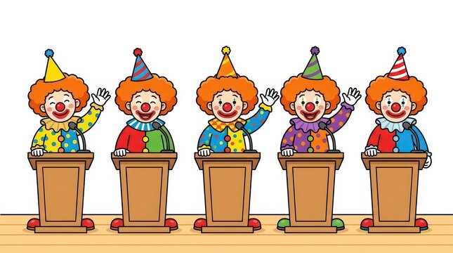 Cartoon Illustration of Five Clowns at Podiums for a Political Debate Satire Concept