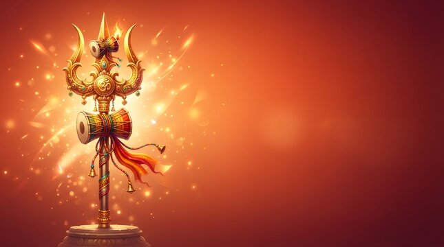 Golden trishul of lord shiva with damaru drums against a glowing orange background
