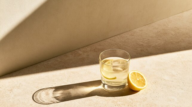 An ultra-minimal commercial composition featuring a single glass from lemonade variations positioned on a vast cream-colored plaster background with dramatic architectural shadows