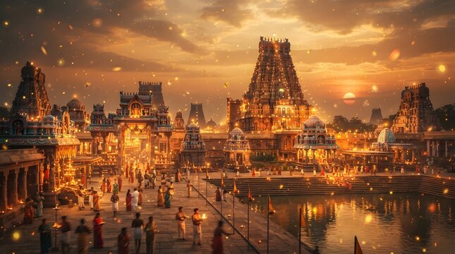Ancient hindu temple complex at sunset with traditional architecture, water tank, and devotees celebrating during a festive evening