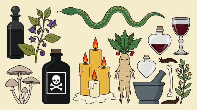 Alchemy and Witchcraft Apothecary Elements Collection featuring Poison, Mandrake Root, Snake, and Ritual Tools