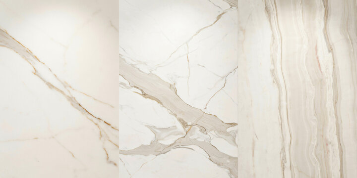 Three vertical rectangular panels featuring white marble with brown and gold veining