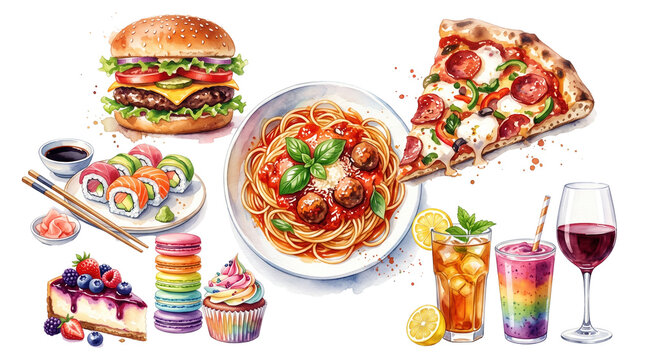 Watercolor food and drink collection, hand-painted fast food and gourmet meals, colorful restaurant menu illustrations on white background