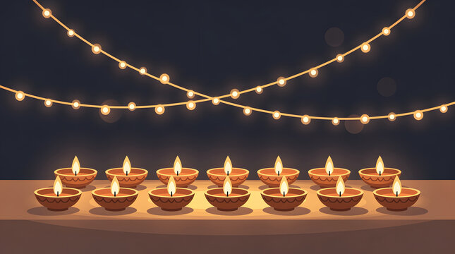 Diwali diyas glow on a wooden surface under hanging fairy lights to celebrate the traditional Indian festival of lights.