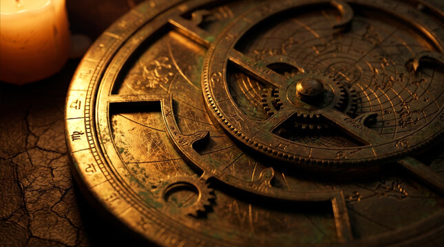 Macro close-up of an intricate antique brass astrolabe instrument with gears and engraved zodiac symbols illuminated by warm light
