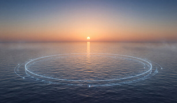 Futuristic digital signal rings glowing across a calm ocean at sunset, symbolizing wireless connectivity, data transmission, communication technology and global network