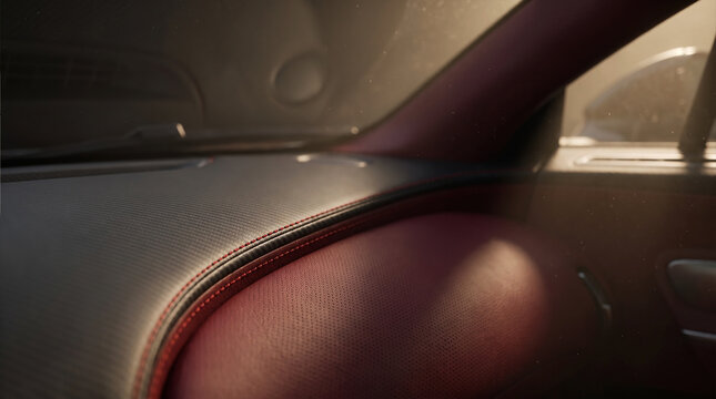 Close-up of a luxury car interior dashboard featuring carbon fiber texture, red leather, and precise double stitching in warm sunlight