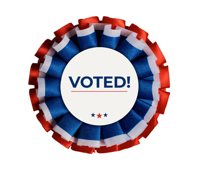 Rosette badge showing voted! with red, white, and blue ribbons on transparent background