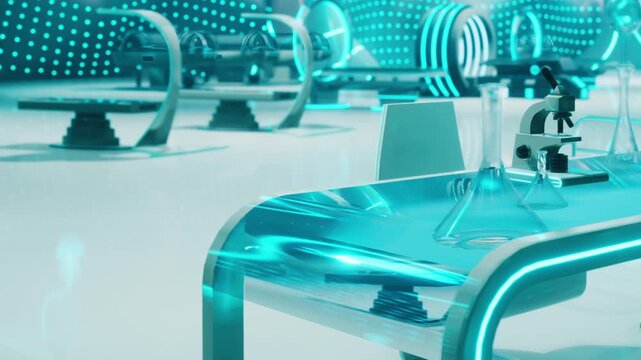 A lab is arranged with a blue light design. Various scientific tools sit on a glass table. The lab has a futuristic look. The environment shows advanced technology and equipment.