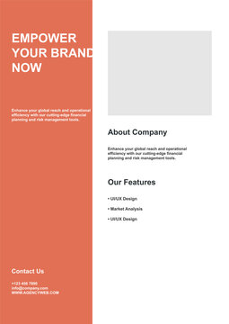 Minimalist corporate brochure template, empower your brand now, orange sidebar design, business layout concept, marketing document mockup, clean presentation format