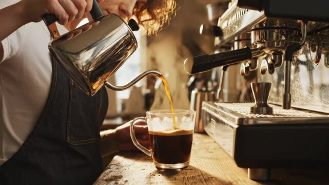 Barista pours hot coffee into glass cup. Steam rises from pouring coffee. Morning light hits coffee cup on wood. Barista finishes pouring fresh coffee. Hot drink fills glass cup at cafe shop.