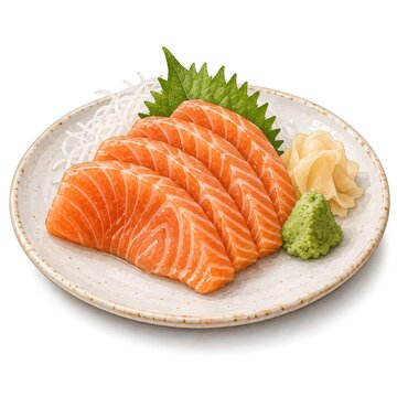 Japanese Salmon Sashimi Platter with Wasabi, Pickled Ginger and Shiso Leaves&rdquo;
