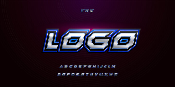 Logo, gaming font for video game logo headline. Bold futuristic letters sharp angles green outline. Tilted sharp font. Modern Vector typography design with metal texture