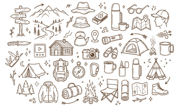 Camping and travel adventure hand drawn doodle vector icons set with outdoor activities hiking gear nature exploration vector collection traveling items camp equipment backpack
