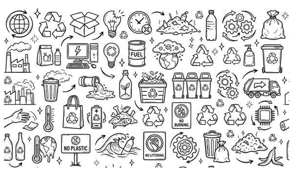 Environmental protection and recycling hand drawn doodle vector icons set with recycling symbols eco friendly green energy waste management sustainability items earth care