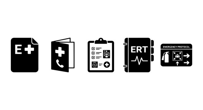 Medical Emergency Icons Set, Health Care Symbols, Safety Clipboard, ERT Sign, Fire Extinguisher Plan