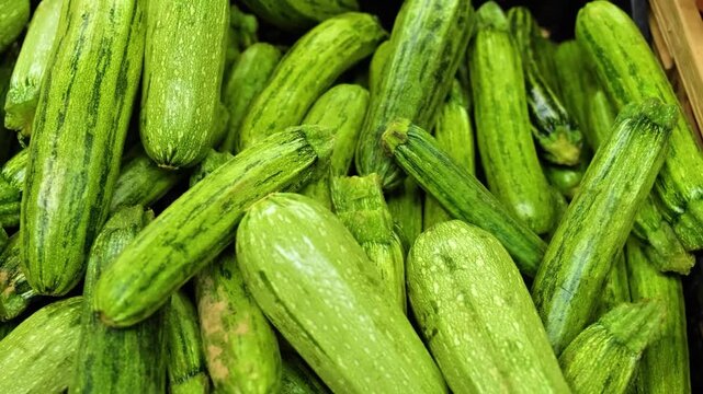 4K Close-up of fresh green bitter melon arranged as natural produce, showcasing vegetable texture and healthy ingredients for nutrition and cooking concepts.