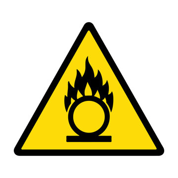 Oxidizing material or oxidizer hazard yellow triangle warning sign vector illustration