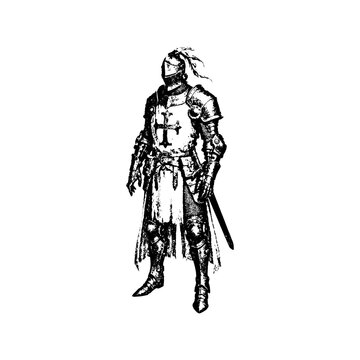 Crusader knight in ornate medieval plate armor with cross tunic and sword in vintage engraving style crusader medieval engraving illustration historic champion gauntlet monochrome isolated
