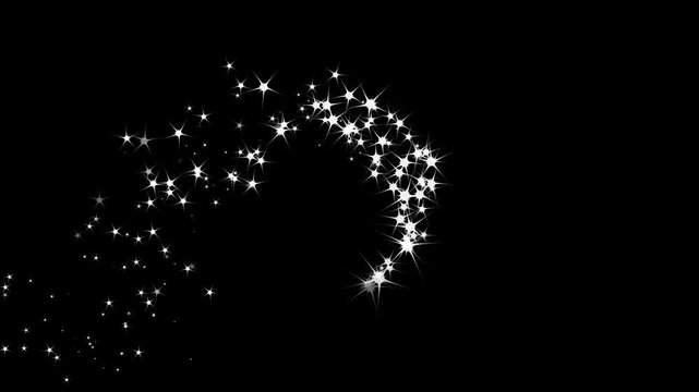 Magic light effect curve trail magic sparkling bokeh effects, glitter line transition on black screen background with sparkle glitter, white glowing twinkle stars animation.4k video