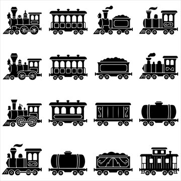 Collection of black and white train and railway locomotive icons in flat vector style with train icon steam train railway car train carriage rail transport steam engine passenger car coal car
