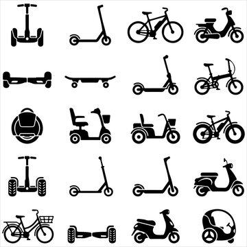 Set of black and white urban personal transport icons including scooters and bicycles with scooter icon bicycle vector electric scooter city bike urban vehicle micro mobility segway icon
