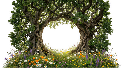Naklejka premium Ancient oak trees forming a natural archway over a flower meadow isolated on transparent background