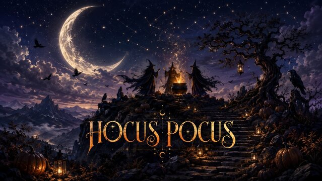 Hocus Pocus Halloween Witchcraft Scene with Witches and Magical Full Moon Night